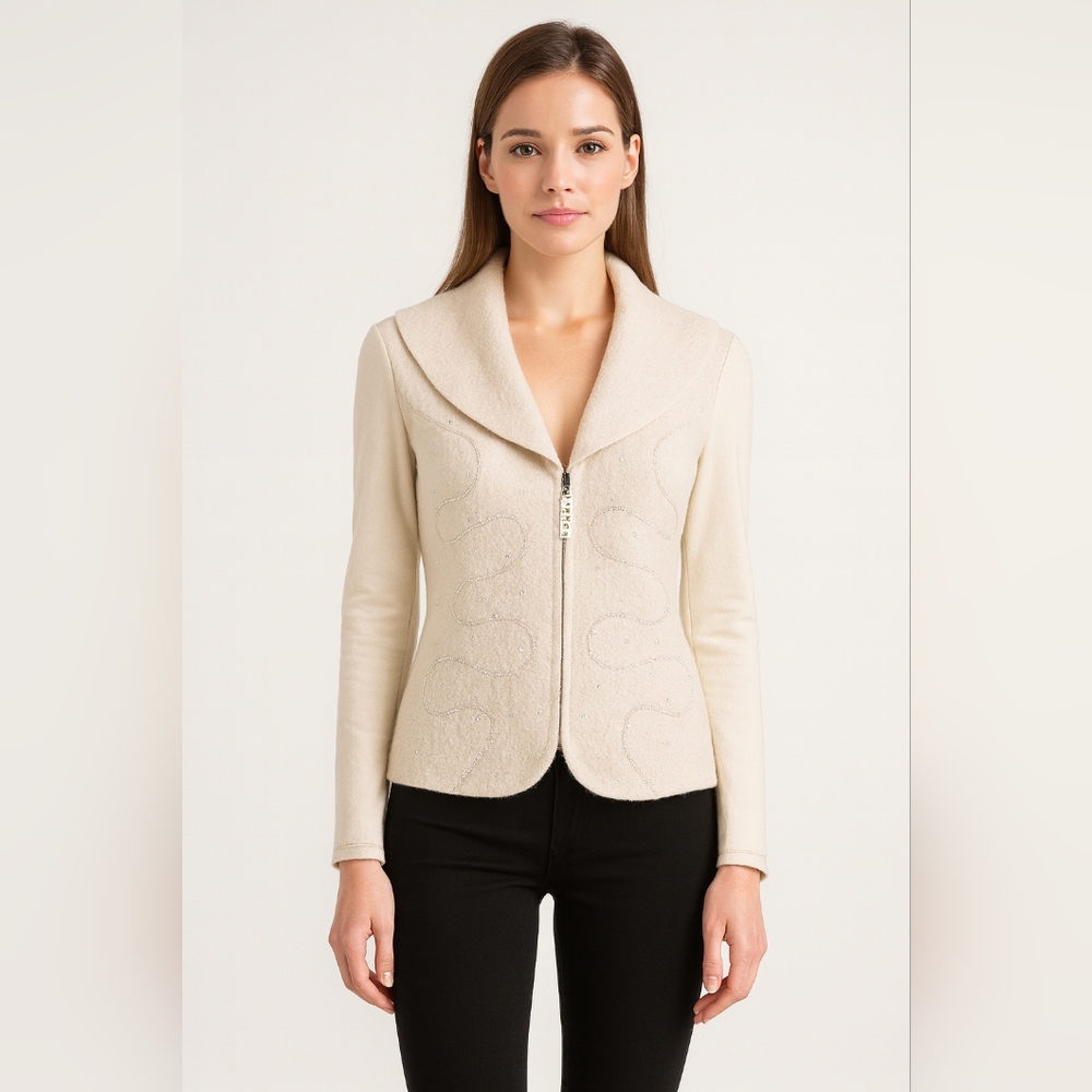Cream Rhinestone Embellished Jacket Gold Zip Virgin Wool
